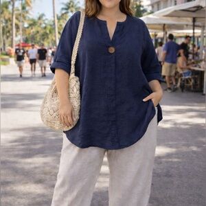Italian Plain Front Button Dipped Hem Linen Lagenlook Shirt